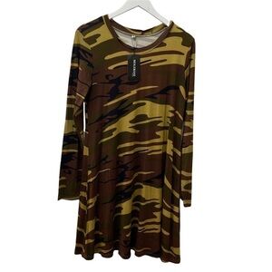 NWT Tee Dress Medium Long Sleeve Olive Green Camo Rayon Knit Knee Length